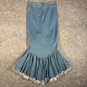 Beulah Style Denim Mermaid Fishtail Skirt Frayed Hem Maxi Size S Distressed Y2KK